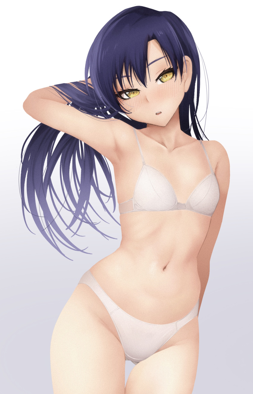 1girl, absurdres, arm_behind_back, arm_behind_head, arm_up, ass_visible_through_thighs, bare_shoulders, bra