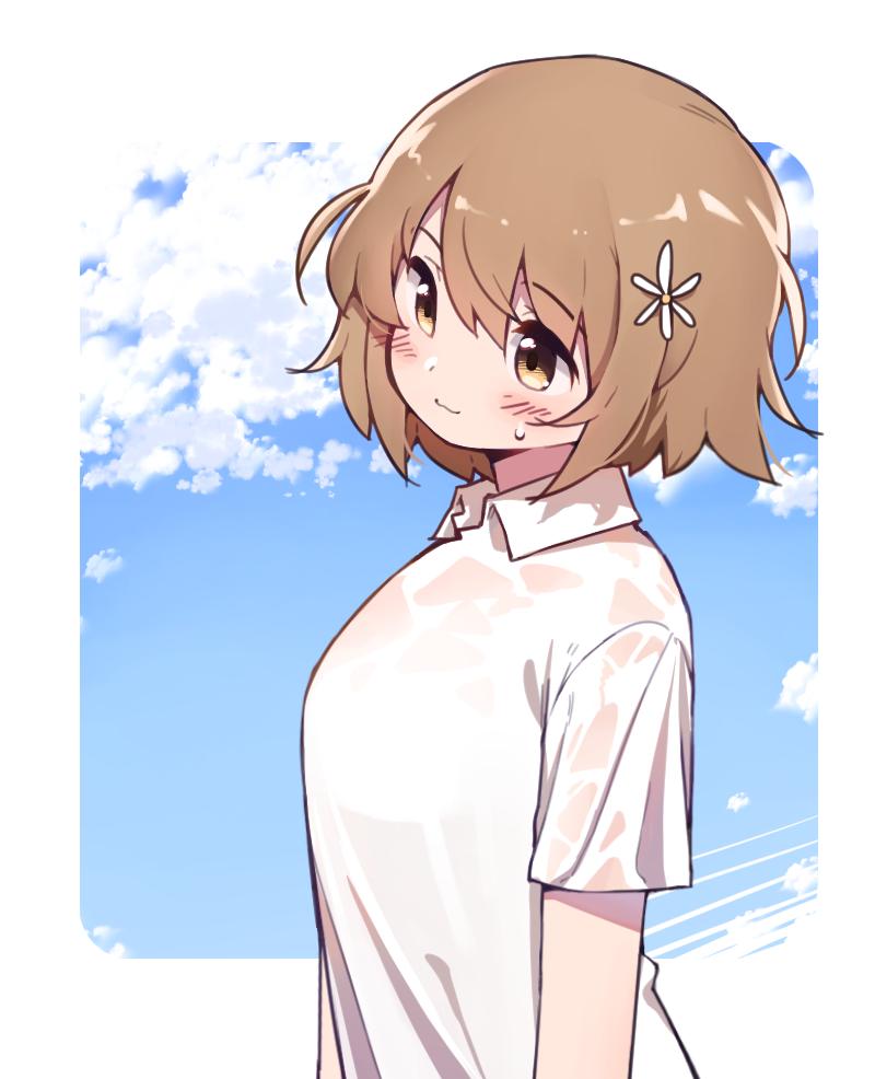 1girl, :3, bangs, blush, border, breasts, brown_eyes, brown_hair