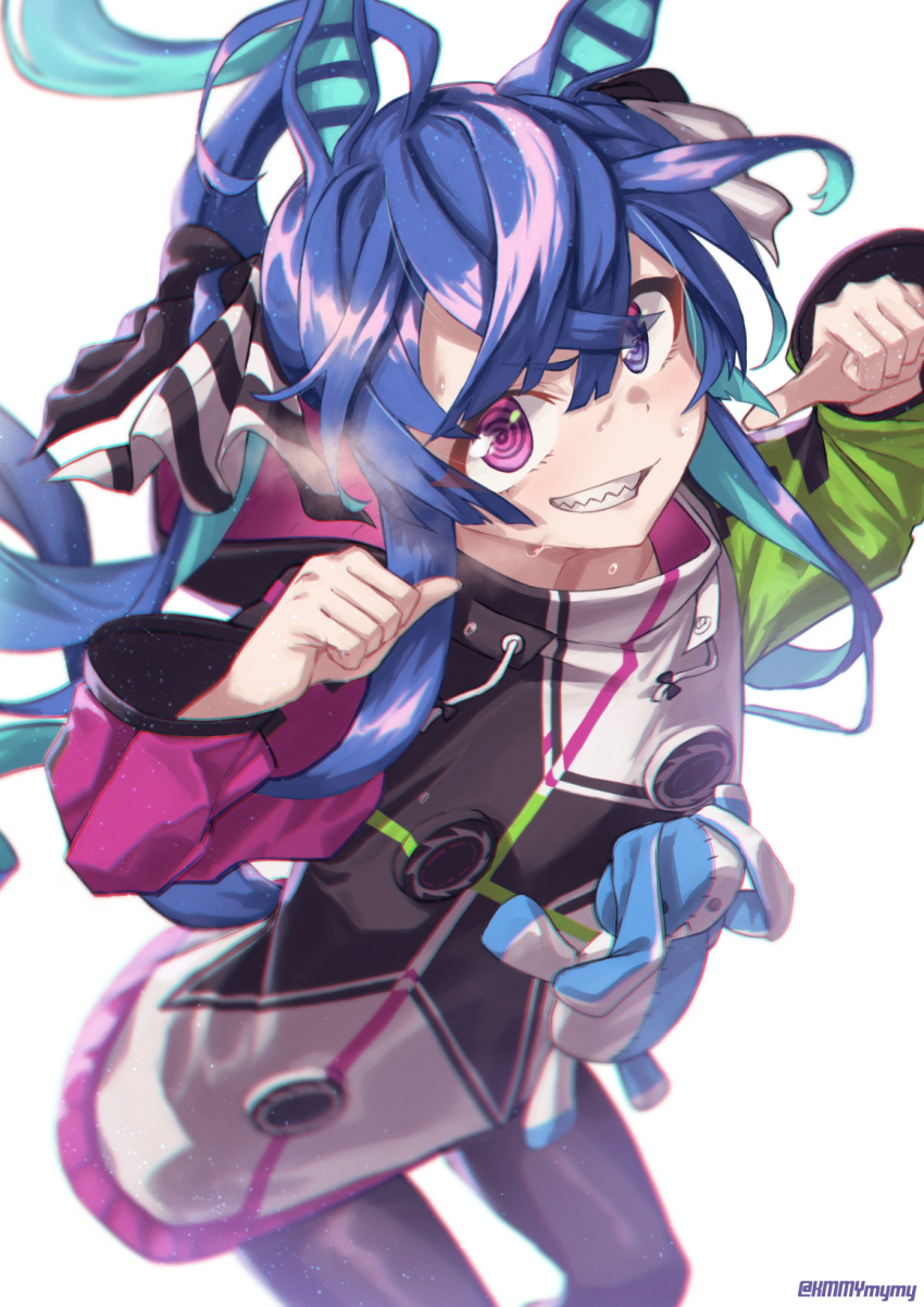 1girl, ahoge, bangs, black_legwear, blue_eyes, blue_hair, breath, commentary_request