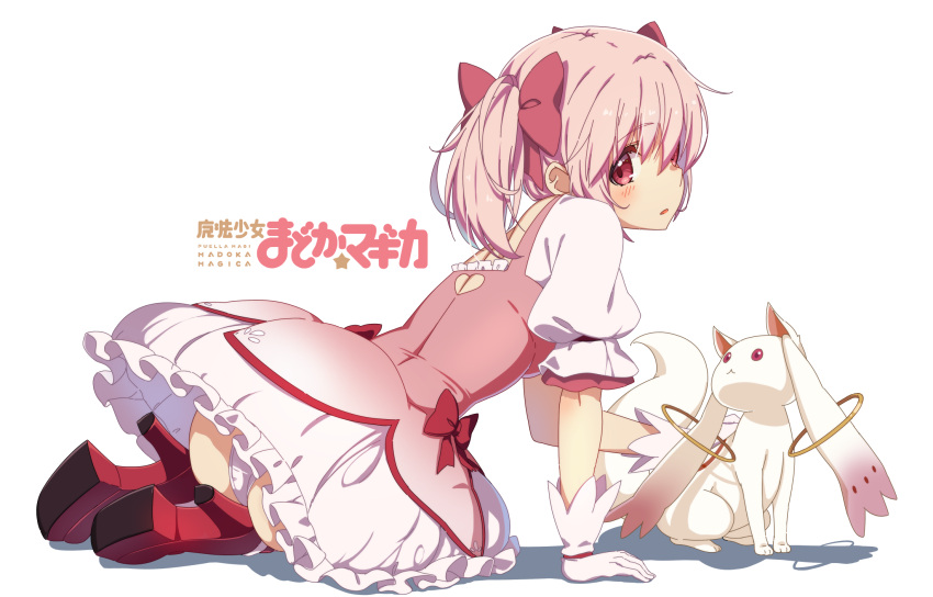 1girl, arm_support, ass, back_cutout, bow, bubble_skirt, clothing_cutout, copyright_name