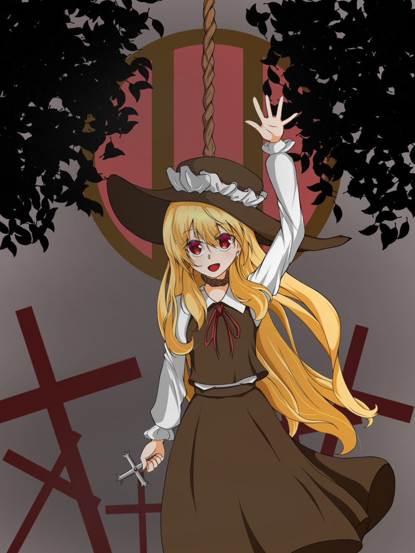 1girl, blood, brown_headwear, brown_skirt, brown_vest, collared_shirt, cross, extra