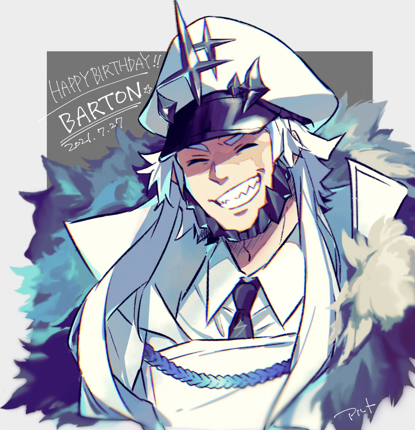 1boy, aiguillette, alchemy_stars, barton_(alchemy_stars), black_necktie, border, character_name, choko_egg