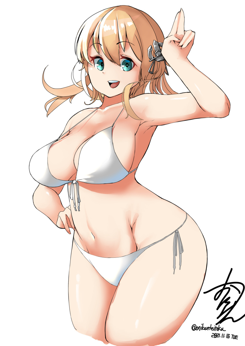 1girl, absurdres, anchor_hair_ornament, aqua_eyes, bikini, blonde_hair, bomber_jacket, breasts