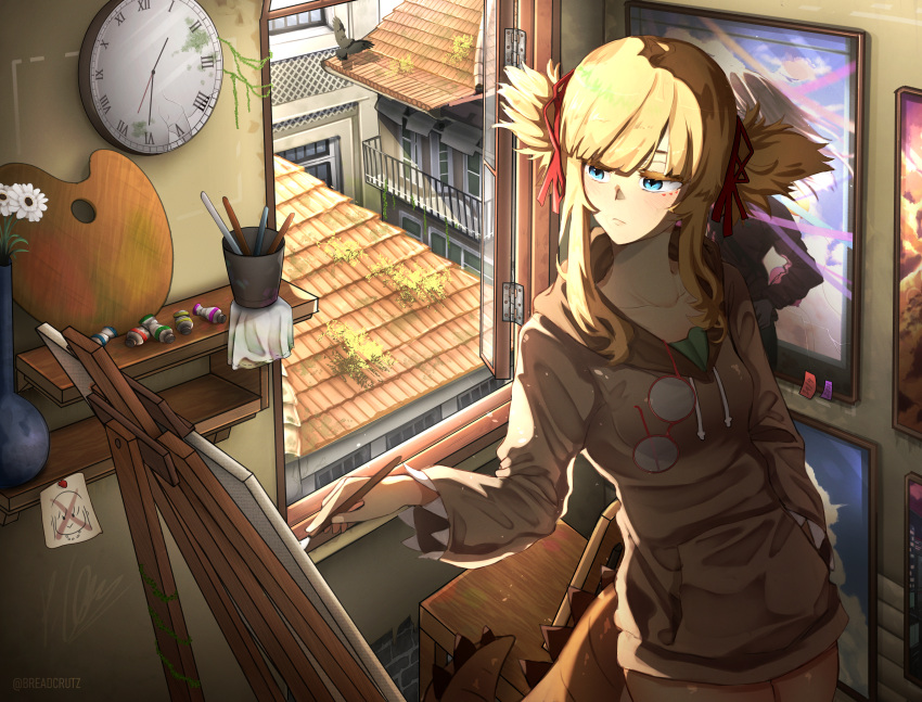 1girl, absurdres, artist_name, bench, bird, blonde_hair, blue_eyes, borrowed_character, breadcrutz, brown_hoodie, clock, easel, eyewear_removed, fake_tail, hair_ribbon, highres, hood, hoodie, indoors, original, paint, paint_tube, painting_(object), palette_(object), red-framed_eyewear, red_ribbon, ribbon, rooftop, standing, tail, vase, window