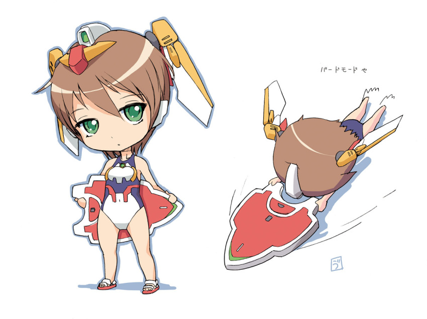 chibi, green_eyes, gundam, gundam_wing, kickboard, leotard, mecha_musume, one-piece_swimsuit