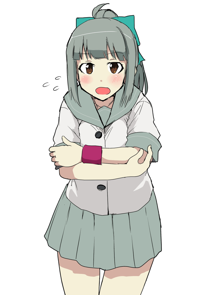 1girl, absurdres, brown_eyes, cosplay, cowboy_shot, green_skirt, grey_hair, grey_skirt