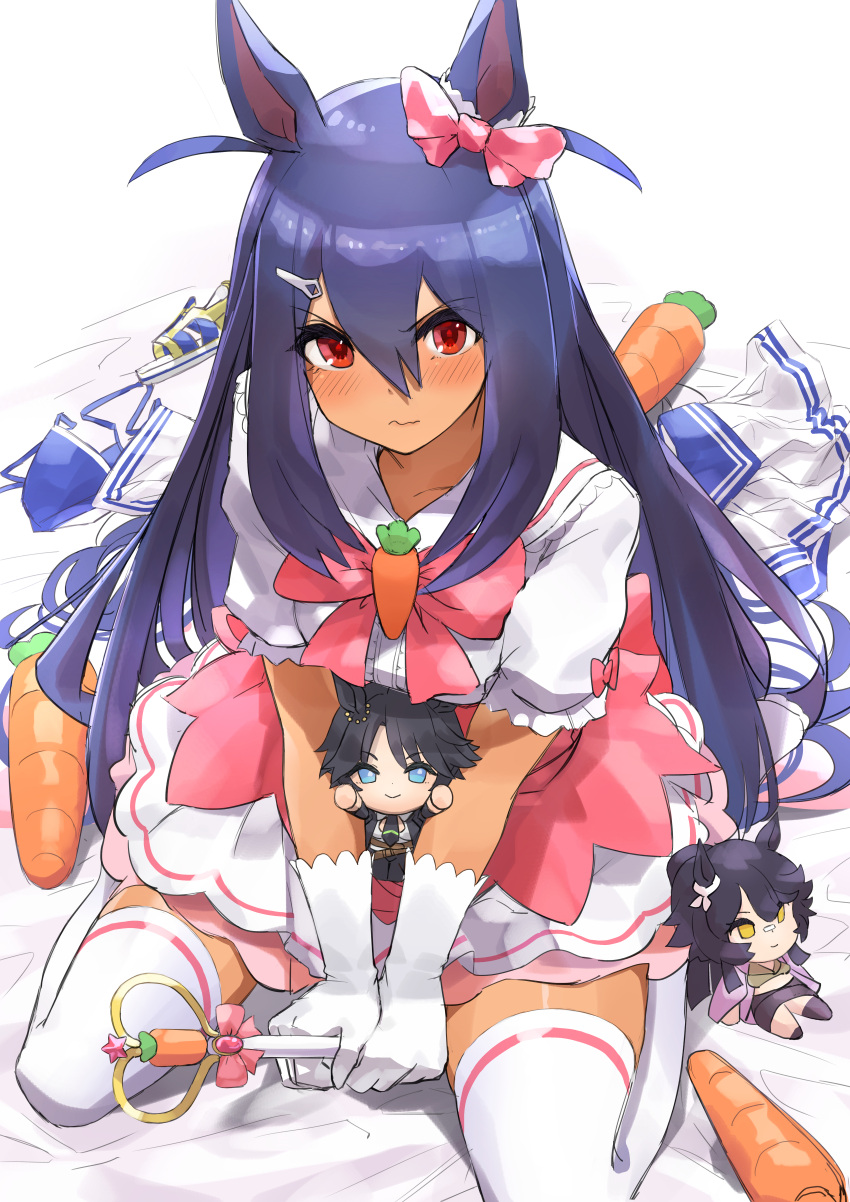 1girl, absurdres, animal_ears, bangs, bed_sheet, blue_hair, blush, breasts