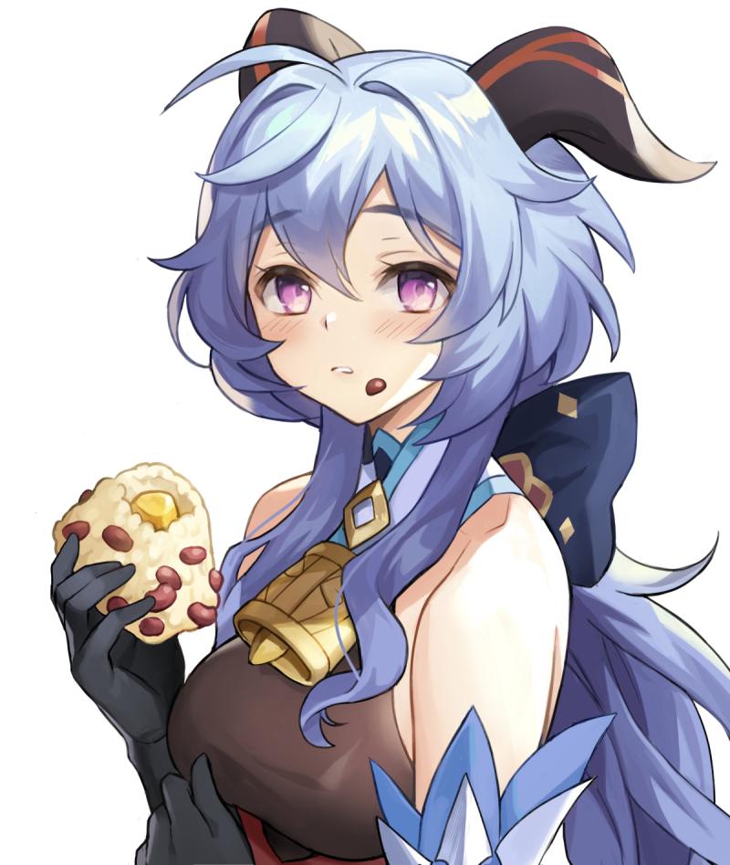 1girl, ahoge, bare_shoulders, bell, black_bodysuit, black_gloves, blue_hair, blush