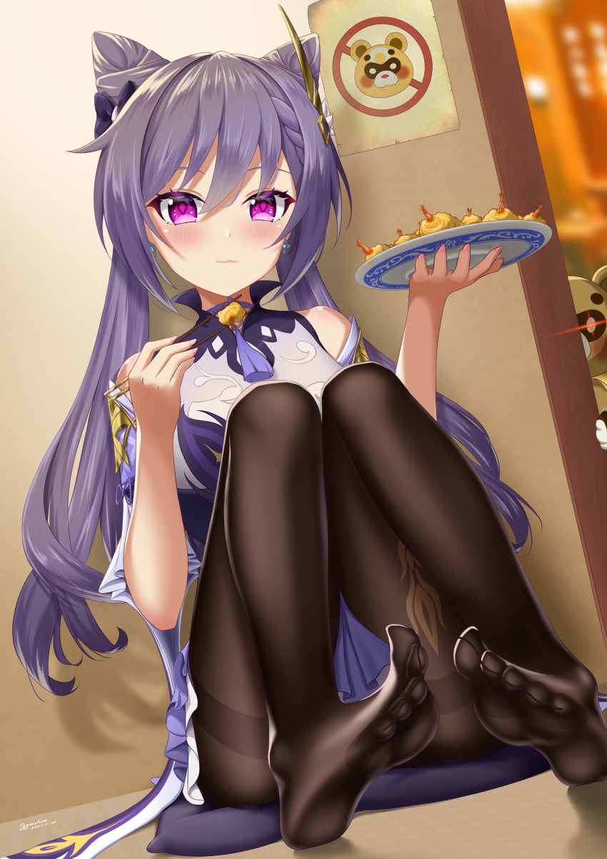 1girl, absurdres, bare_shoulders, black_legwear, blush, braid, breasts, chopsticks, double_bun, dress, feet, food, full_body, genshin_impact, gloves, guoba_(genshin_impact), gyqbzyl, hair_bun, hair_ornament, hairclip, highres, holding, holding_chopsticks, holding_plate, indoors, keqing_(genshin_impact), long_hair, looking_at_viewer, no_shoes, panda, pantyhose, peeking_out, plate, poster_(object), purple_hair, shrimp, sitting, soles, sparkling_eyes, toes, twintails, violet_eyes