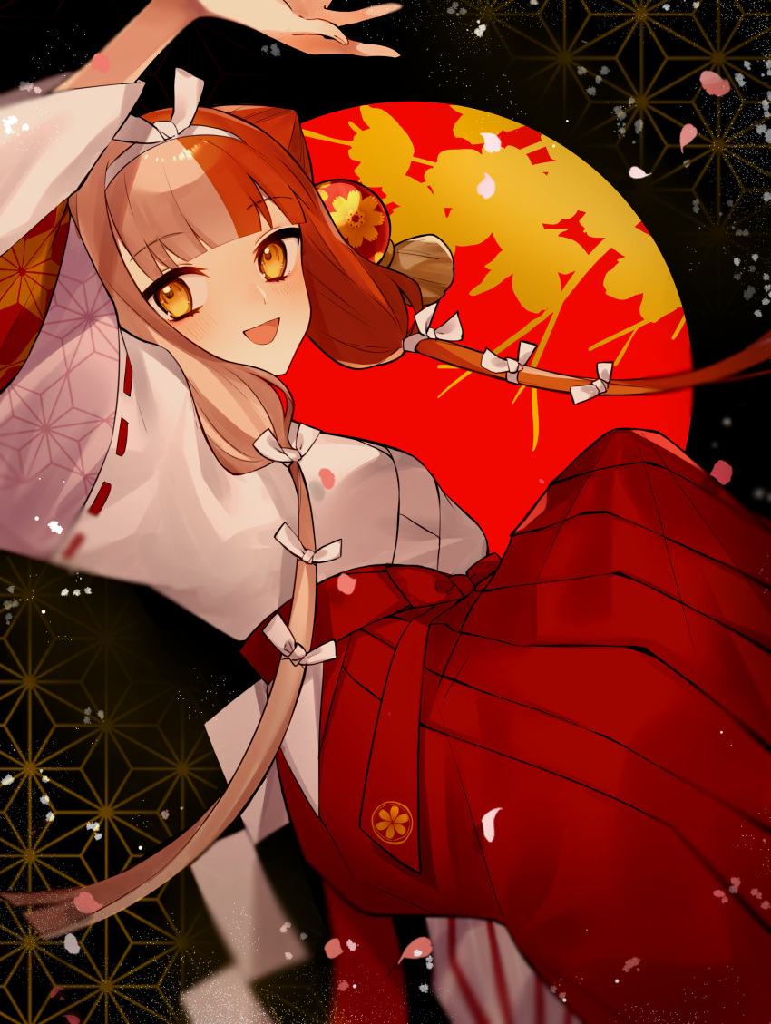 1girl, absurdres, arm_up, brown_eyes, fate/grand_order, fate_(series), hairband, hakama