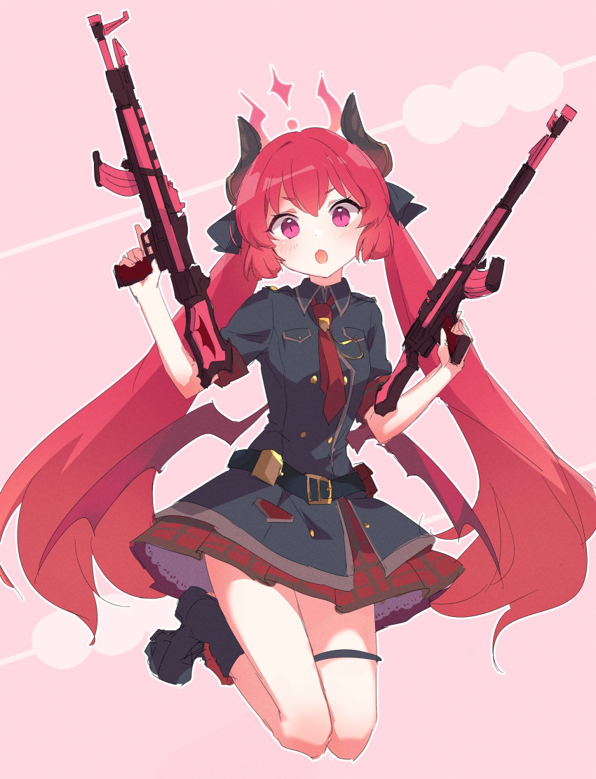 1girl, :o, bangs, black_dress, black_footwear, black_ribbon, blue_archive, boots, breast_pocket, dress, dual_wielding, gun, hair_ribbon, halo, highres, holding, holding_weapon, horns, junko_(blue_archive), kyuuri_(miyako), legs_up, long_hair, looking_at_viewer, low_wings, necktie, pink_background, pink_eyes, pocket, red_necktie, redhead, ribbon, short_sleeves, sidelocks, simple_background, solo, thigh_strap, two-tone_background, very_long_hair, weapon, wings