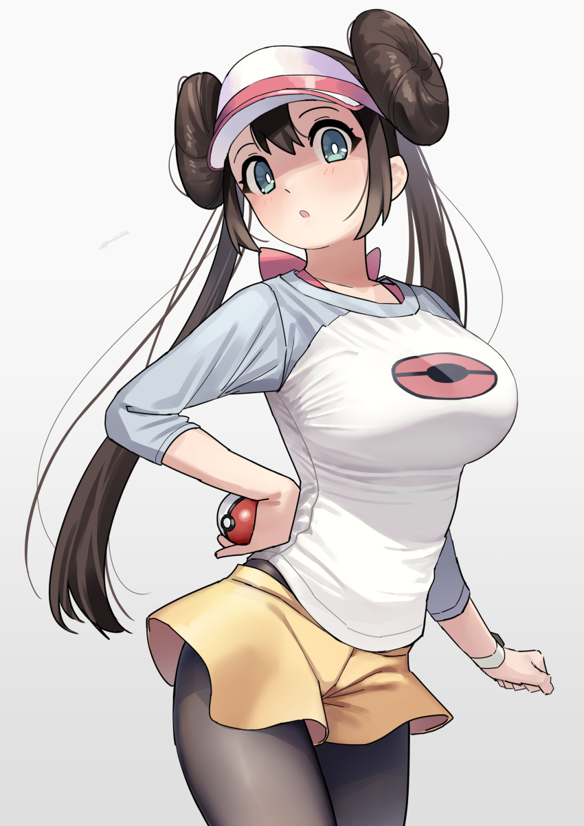 1girl, :o, black_legwear, blue_eyes, breasts, brown_hair, double_bun, gradient