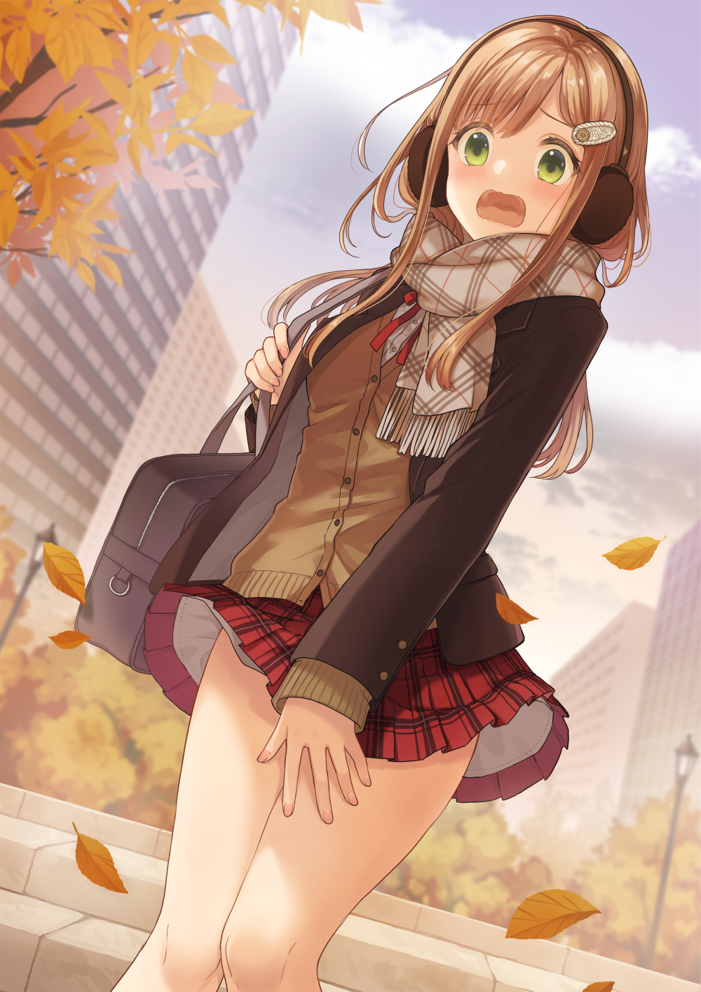1girl, asymmetrical_bangs, autumn, autumn_leaves, bag, bangs, black_jacket, blazer