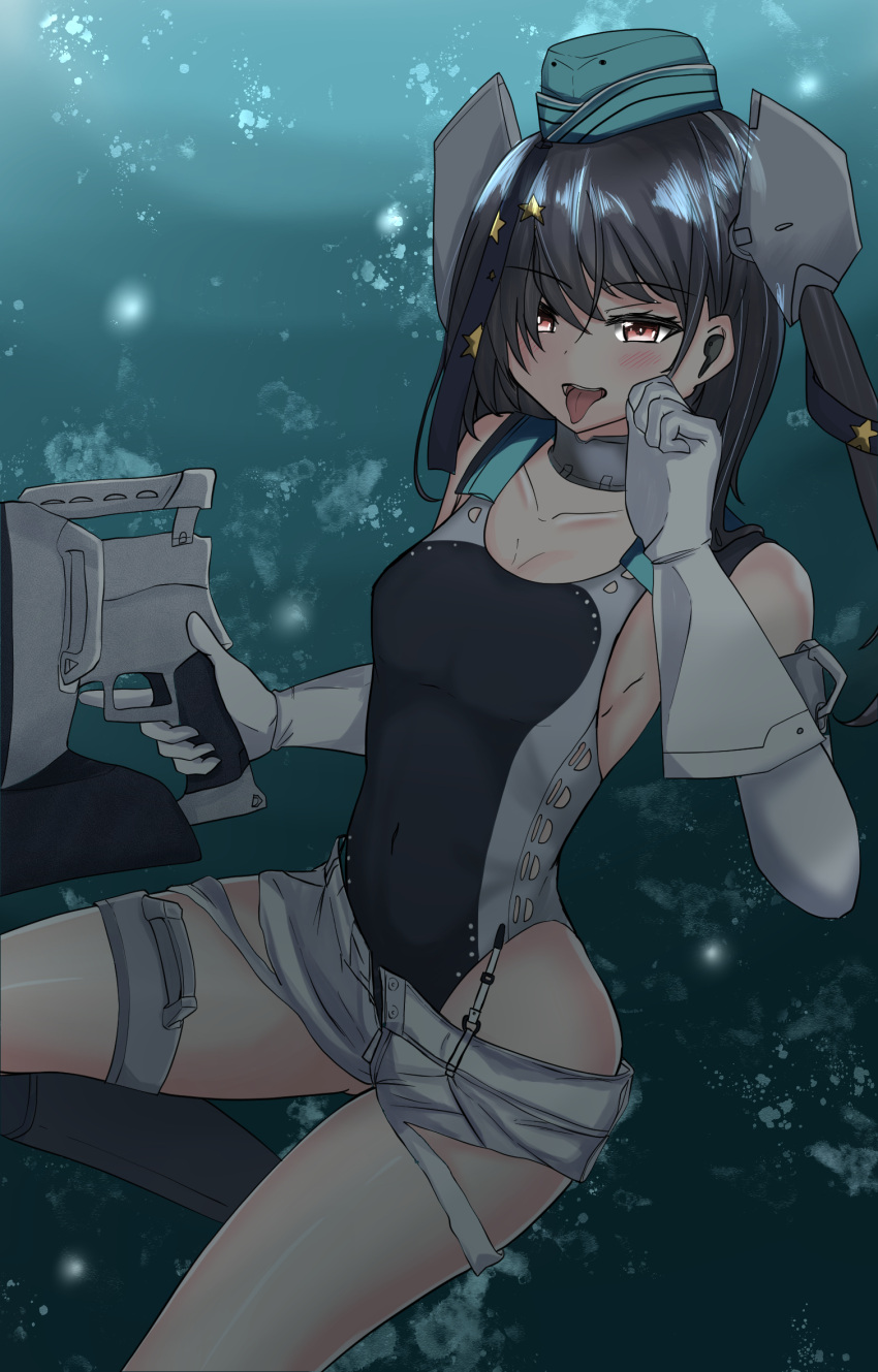 1girl, black_footwear, black_ribbon, black_swimsuit, blue_headwear, blush, commentary_request, eyebrows_visible_through_hair