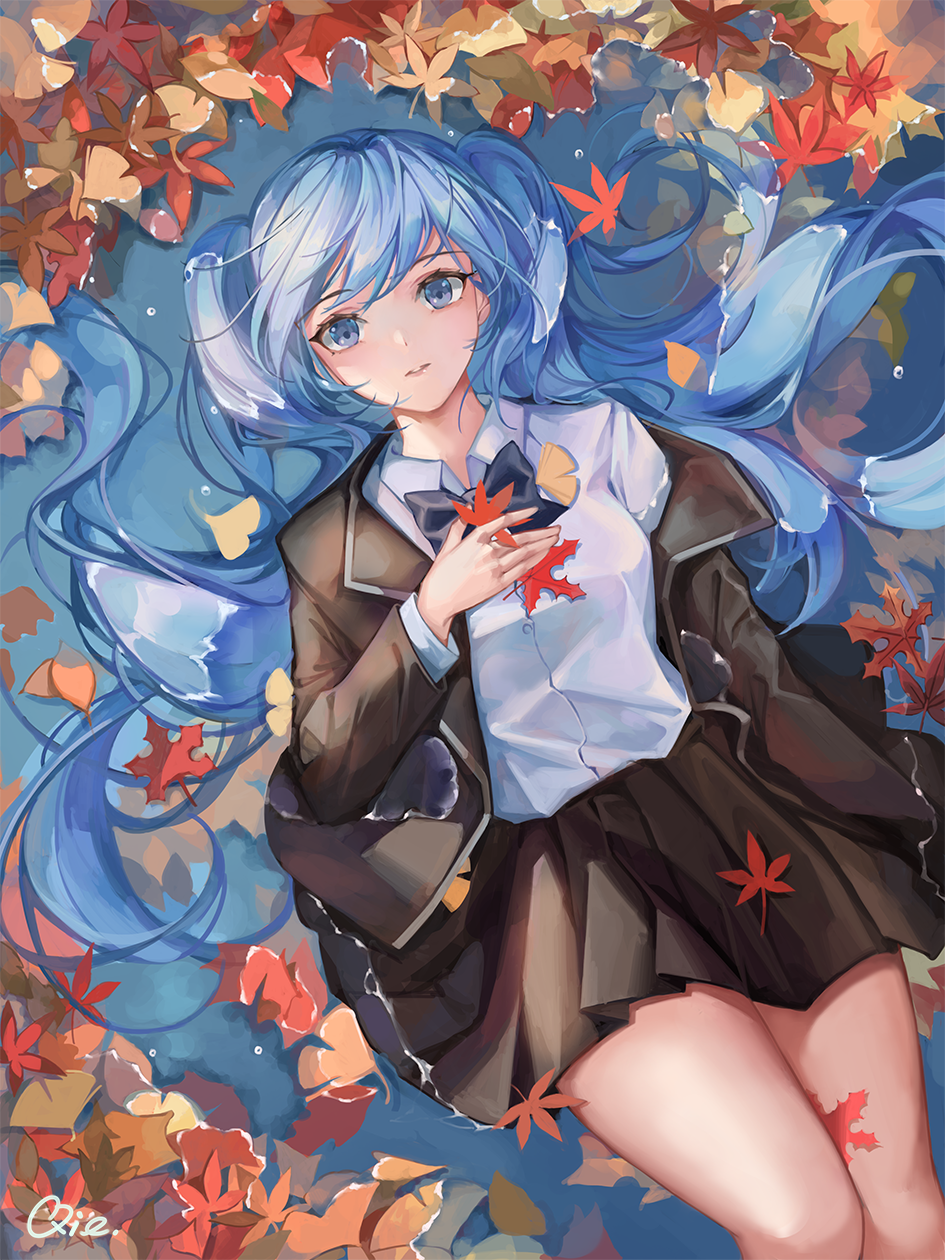 1girl, artist_name, autumn, autumn_leaves, bangs, black_jacket, black_skirt, blue_bow