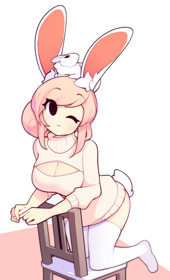 1girl, ;3, animal_ear_fluff, animal_ears, animal_on_head, black_eyes, breasts, bunny_on_head, chair, cleavage_cutout, clothing_cutout, commentary, english_commentary, eyebrows_visible_through_hair, eyes_visible_through_hair, fiz_(fizintine), fizintine, full_body, kneeling, large_breasts, leaning_forward, long_sleeves, looking_at_viewer, no_pants, no_pupils, no_shoes, on_head, one_eye_closed, original, rabbit, rabbit_ears, rabbit_girl, rabbit_tail, side_bun, simple_background, smile, solo, sweater, tail, thigh-highs, turtleneck, turtleneck_sweater, white_background, white_legwear, white_sweater