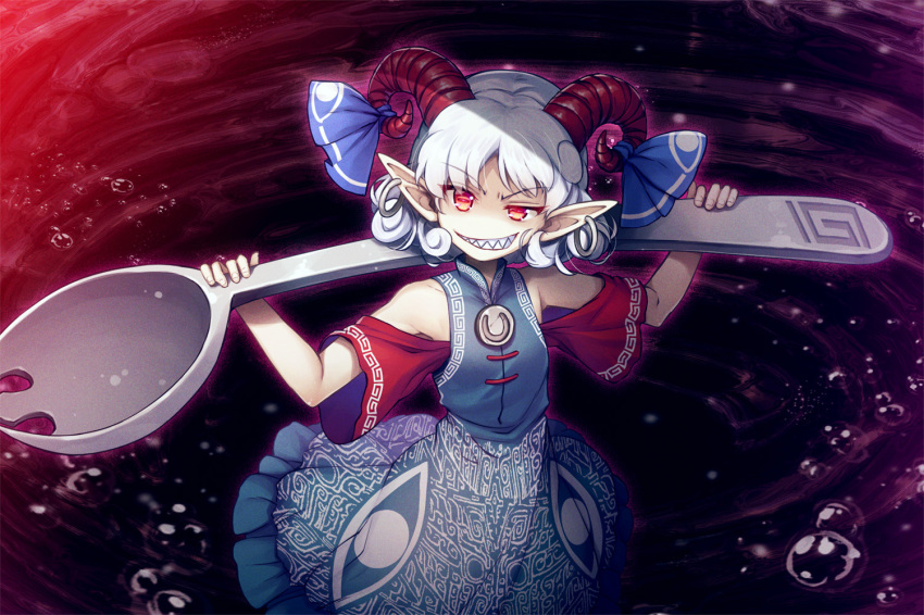 1girl, bare_shoulders, blue_dress, blue_ribbon, chima_q, commentary_request, curled_horns, curly_hair, dress, earrings, eyebrows_visible_through_hair, grin, hoop_earrings, horn_ornament, horn_ribbon, horns, jewelry, looking_at_viewer, oversized_clothes, pointy_ears, red_eyes, ribbon, sharp_teeth, short_hair, smile, solo, spork, teeth, touhou, toutetsu_yuuma, uneven_eyes, v-shaped_eyebrows, white_hair