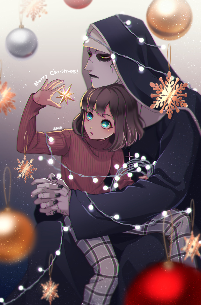 1girl, 1other, bauble, black_lips, black_nails, blue_eyes, brown_hair, christmas_ornaments