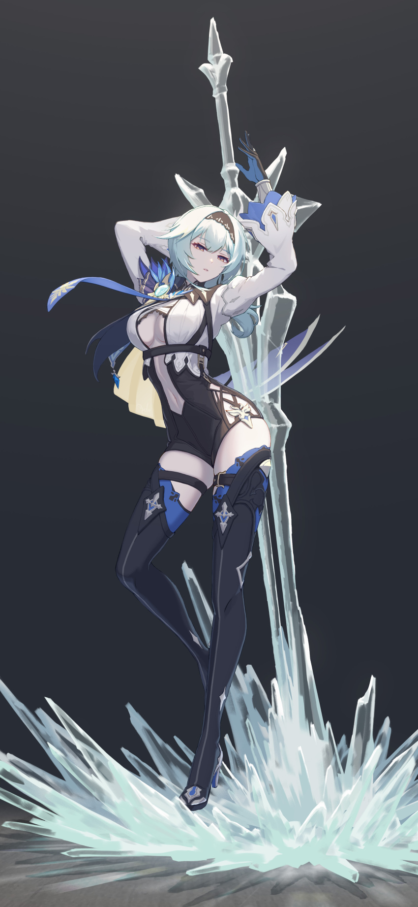 1girl, absurdres, ancle_(aruncle), arms_up, bangs, black_background, black_hairband, blue_eyes
