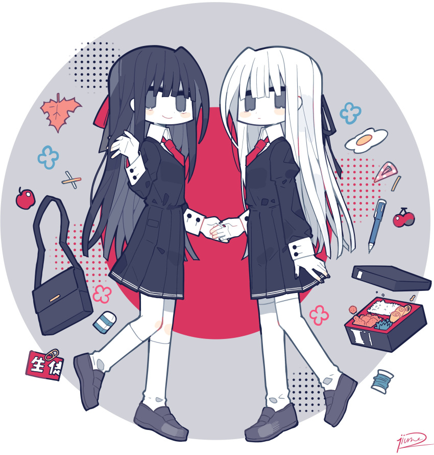 2girls, absurdres, apple, armband, armband_removed, bag, bento, black_dress, black_eyes, black_footwear, black_hair, black_ribbon, bow, cherry, colored_skin, commentary, dress, eraser, food, fried_egg, fruit, full_body, hair_bow, hair_ornament, hair_ribbon, hairclip, hairclip_removed, highres, holding_hands, jitome, jiumo, juliet_sleeves, leaf, loafers, long_sleeves, looking_at_viewer, maple_leaf, multiple_girls, necktie, original, pen, puffy_sleeves, red_bow, red_necktie, ribbon, safety_pin, school_bag, shirt, shoes, sleeve_cuffs, socks, spool, sunny_side_up_egg, symbol-only_commentary, thigh-highs, white_hair, white_legwear, white_shirt, white_skin