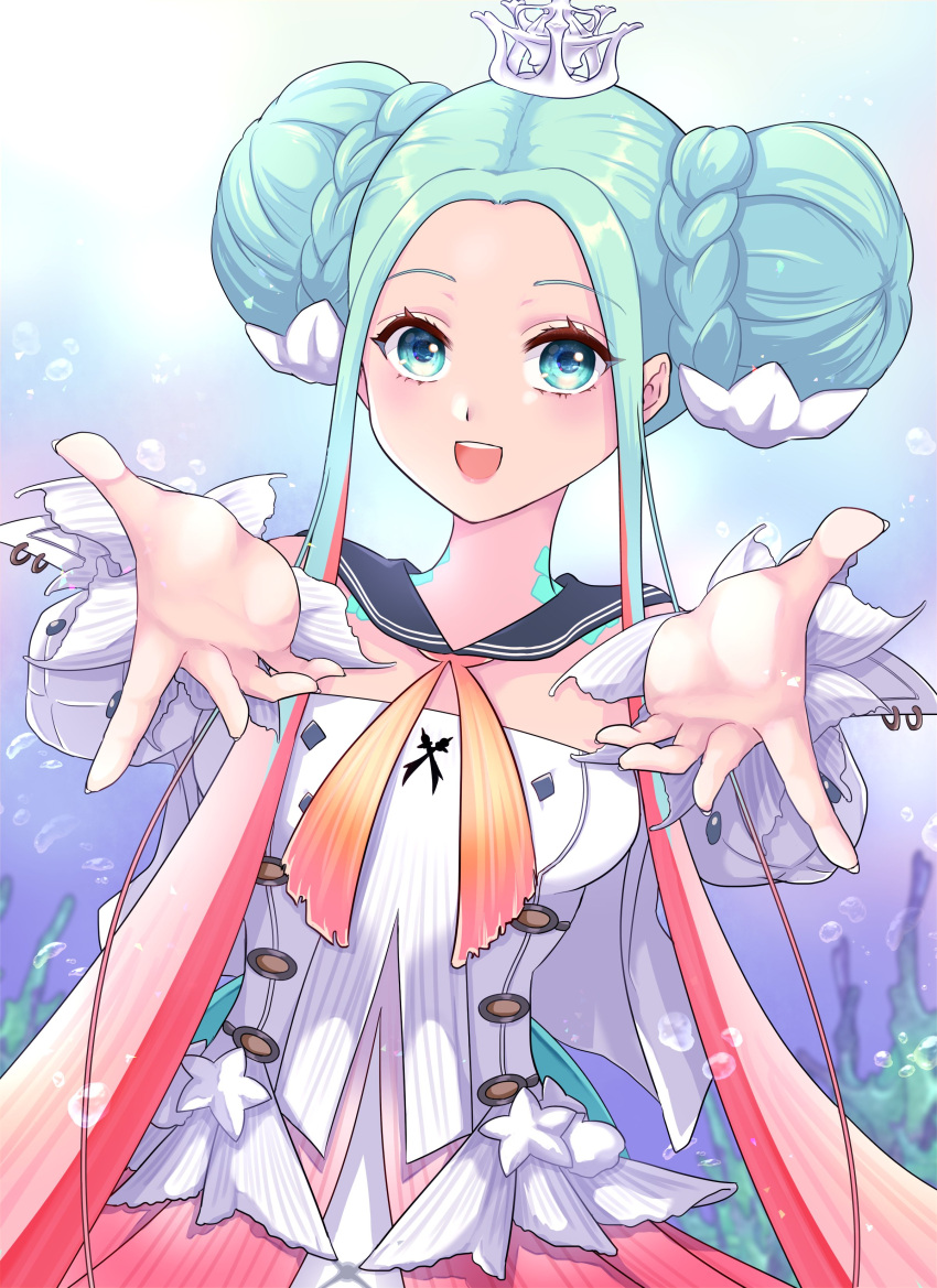 1girl, 24_owl15, absurdres, aqua_eyes, aqua_hair, braid, braided_bun, crown