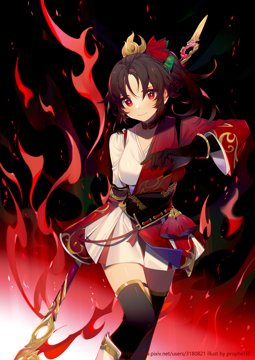 1girl, bangs, black_gloves, black_hair, black_legwear, breasts, character_request, closed_mouth