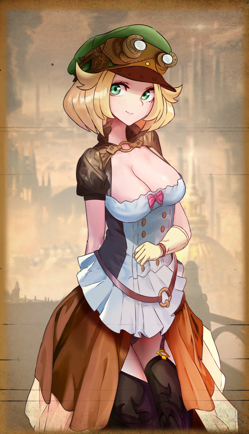 absurdres, bianca_(pokemon), blonde_hair, breasts, corset, dress, factory, gloves