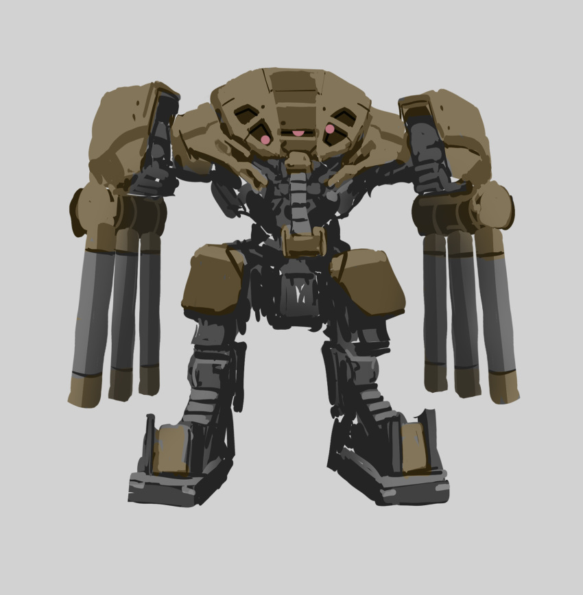 arm_cannon, chaboex, extra_eyes, grey_background, gundam, highres, juaggu, mecha, mobile_suit, mobile_suit_gundam, no_humans, pink_eyes, redesign, solo, standing, weapon, zeon