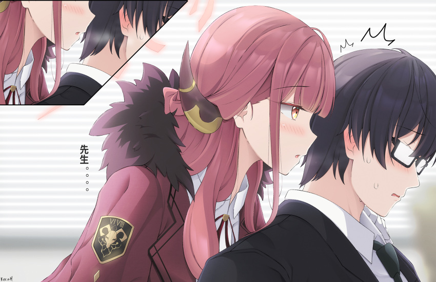 1boy, 1girl, ^_^, aru_(blue_archive), black_hair, black_jacket, black_necktie, blinds
