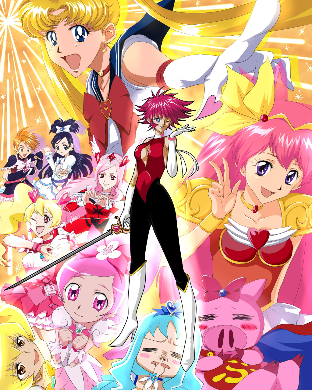 bishoujo_senshi_sailor_moon, crossover, cutie_honey_flash, fresh_precure!, futari_wa_precure, heartcatch_precure!, highres, magical_girl, muka, precure, sailor_moon, tonde_buurin, wedding_peach
