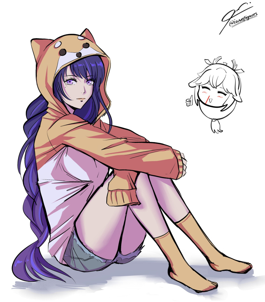 1girl, alternate_costume, animal_hood, blood, denim, denim_shorts, english_commentary, genshin_impact, highres, hood, hoodie, ilovefigures, long_hair, mole, mole_under_eye, no_shoes, nosebleed, purple_hair, raiden_shogun, shorts, sitting, sleeves_past_wrists, smile, socks, solo, violet_eyes, yae_miko