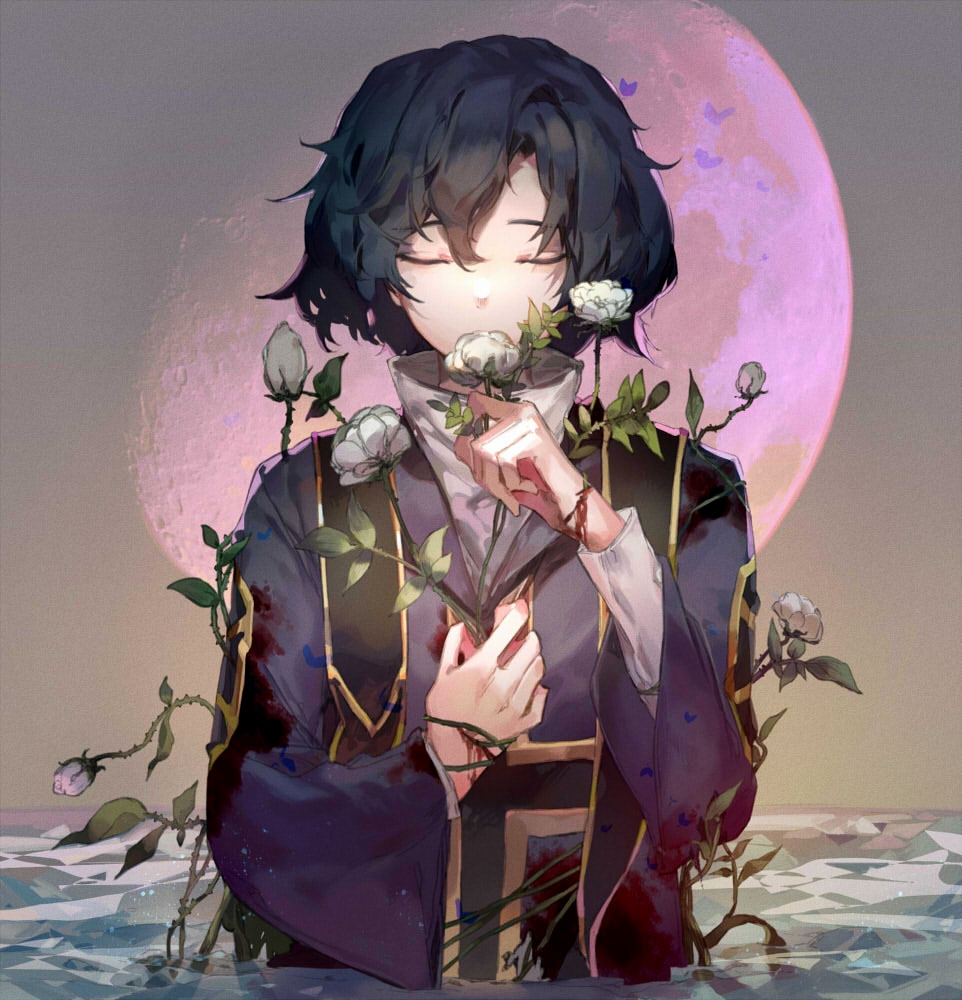 1boy, bleeding, blood, blue_hair, chinese_commentary, closed_mouth, flower, flower_over_mouth, frozen_lake, holding, holding_flower, hood, hood_down, ice, long_sleeves, moon, rose, saibou_shinkyoku, solo, stole, thorns, utsugi_noriyuki, white_flower, white_rose, zxzy520