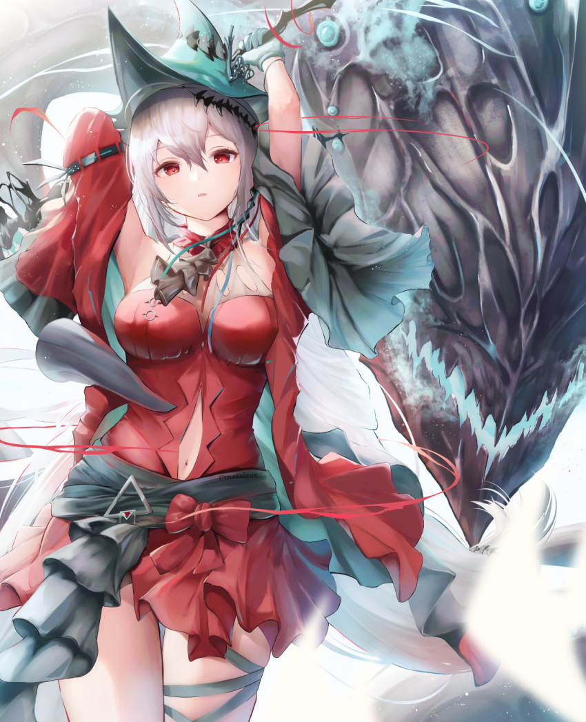 1girl, aqua_gloves, aqua_headwear, arknights, arms_up, ascot, black_ascot, bow