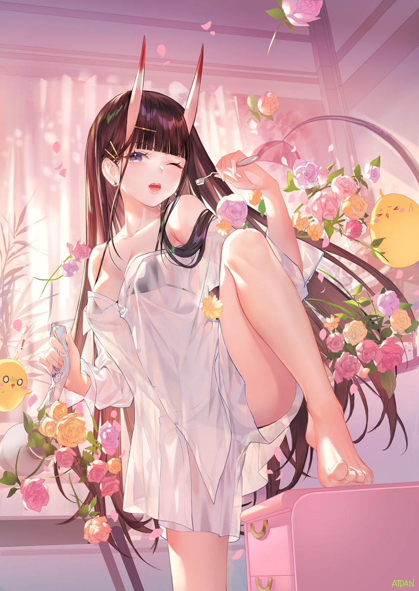 !, 1girl, atdan, azur_lane, bangs, barefoot, black_bra, black_panties, blunt_bangs, bra, breasts, brown_hair, collarbone, commentary, curtains, drawer, earrings, english_commentary, feet, flower, flower_pot, hair_ornament, hairclip, highres, holding, holding_toothbrush, horns, indoors, jewelry, long_sleeves, looking_at_viewer, manjuu_(azur_lane), medium_breasts, noshiro_(azur_lane), off_shoulder, one_eye_closed, oni_horns, open_mouth, panties, pink_flower, pink_rose, purple_flower, purple_rose, rose, see-through, shirt, signature, solo, standing, standing_on_one_leg, toothbrush, toothpaste, underwear, white_shirt, yellow_flower, yellow_rose