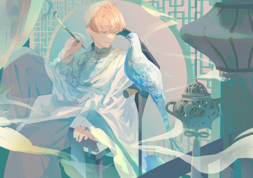1boy, absurdres, bird, blonde_hair, chair, green_eyes, highres, incense_burner