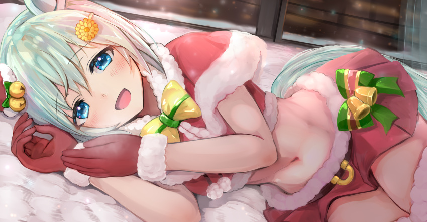 1girl, absurdres, animal_ears, bell, blue_eyes, fur_trim, gloves, hair_ornament, hairclip, hat, highres, horse_ears, horse_girl, horse_tail, kokoa_ninniku, lying, midriff, miniskirt, navel, on_bed, on_side, red_gloves, santa_costume, santa_hat, seiun_sky_(umamusume), short_hair, silver_hair, skirt, tail, umamusume