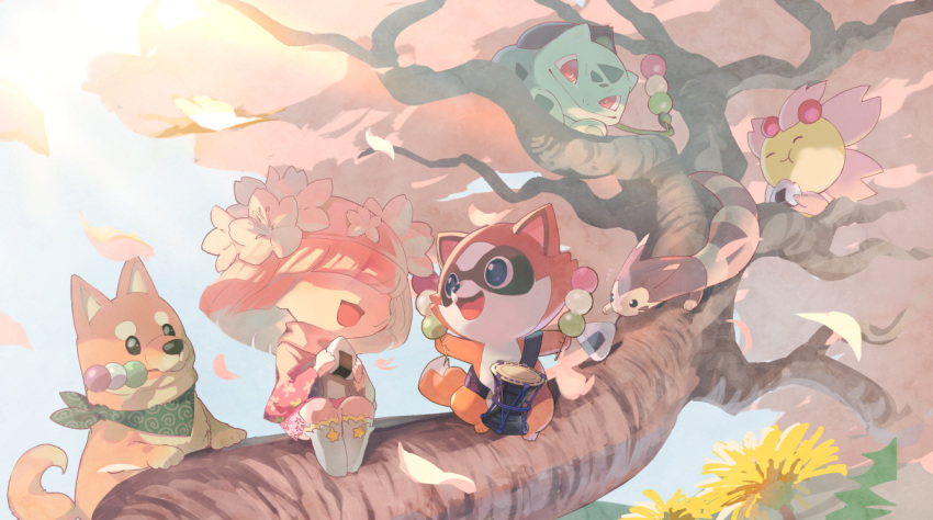 :d, baby_raccoon_ponpoko, black_eyes, bulbasaur, character_request, cherrim, closed_eyes, dango, dog, drum, dual_wielding, duel_masters, eating, flower, food, furret, green_bandana, hair_flower, hair_ornament, hair_over_eyes, holding, in_tree, instrument, kuroha_dayo, mouth_hold, onigiri, outdoors, petals, pokemon, pokemon_(creature), red_eyes, shiba-warrior_taro, short_hair, sitting, smile, sunlight, tree, wagashi, white_legwear, yu-gi-oh!