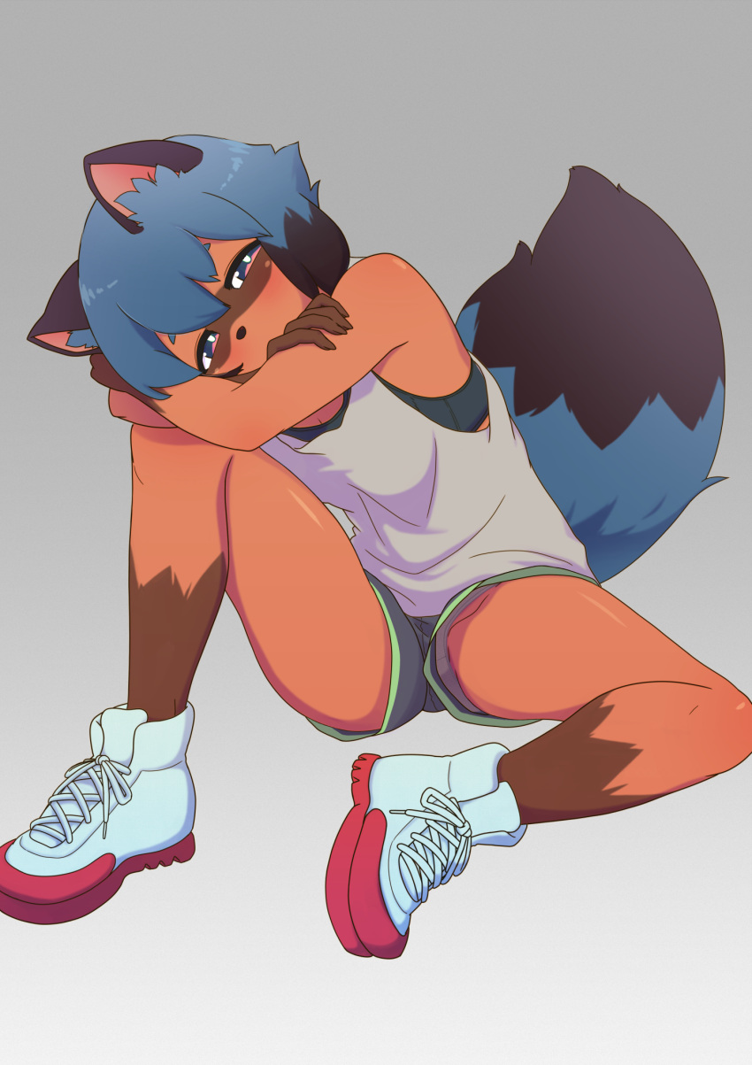 1girl, animal_ears, animal_nose, arms_on_knees, black_hair, blue_eyes, blue_hair, body_fur