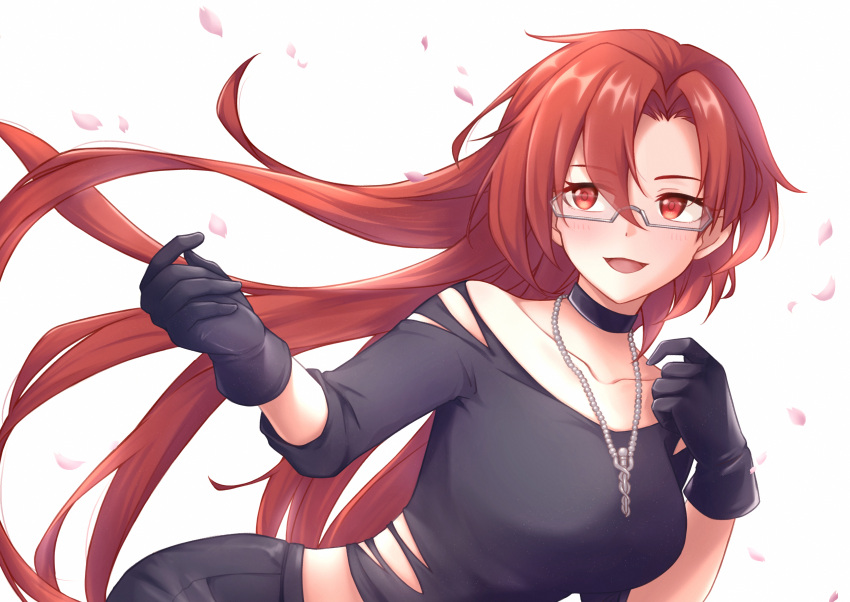 1girl, :d, absurdres, altheavin, bangs, black_choker, black_gloves, black_shirt, blush, caduceus, cherry_blossoms, choker, collarbone, eyebrows_visible_through_hair, floating_hair, glasses, gloves, hair_between_eyes, hair_intakes, highres, jewelry, labyrista, long_hair, necklace, off-shoulder_shirt, off_shoulder, princess_connect!, red_eyes, redhead, semi-rimless_eyewear, shiny, shiny_hair, shirt, smile, solo, torn_clothes, torn_shirt, under-rim_eyewear, very_long_hair, white_background
