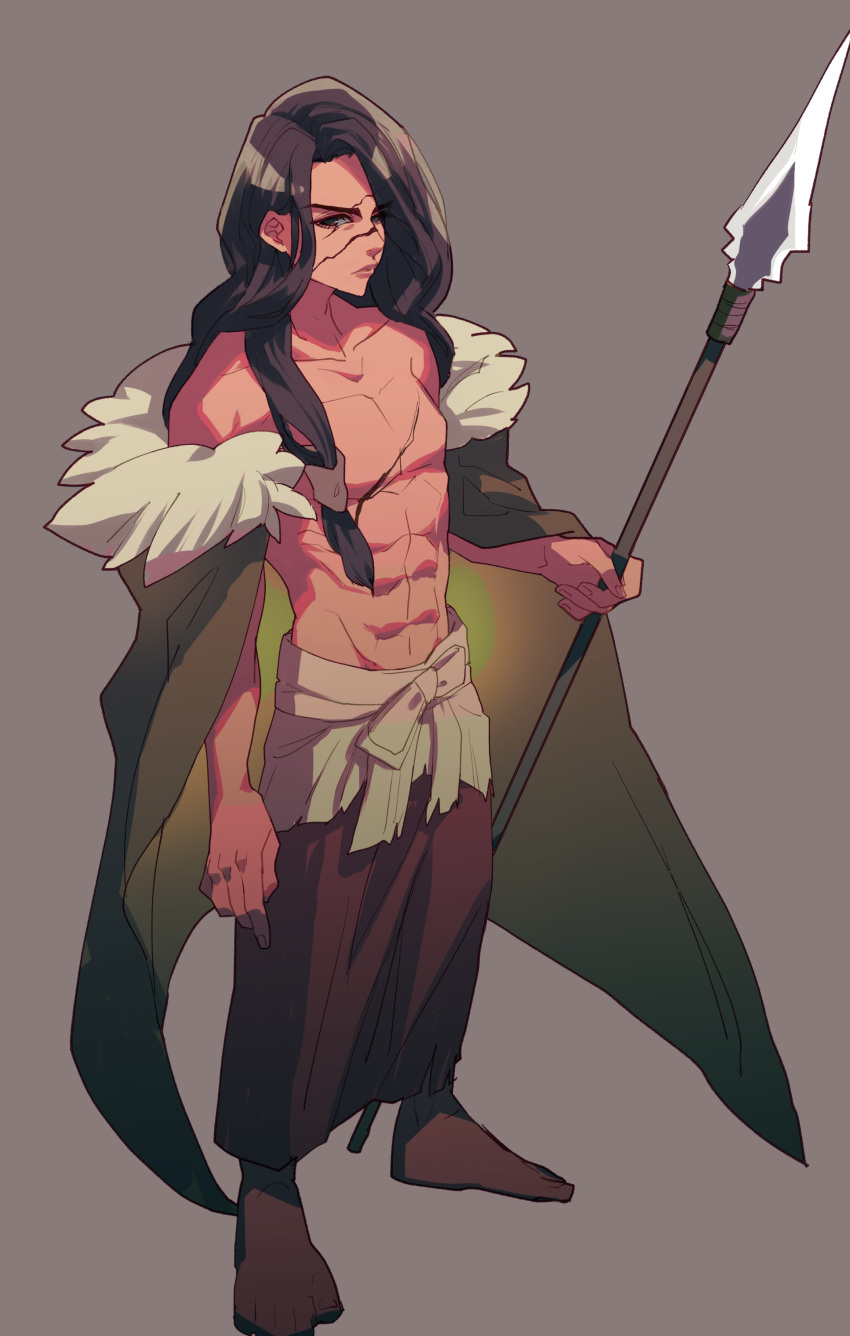 1boy, absurdres, barefoot, brown_eyes, brown_hair, dr._stone, full_body, fur_trim