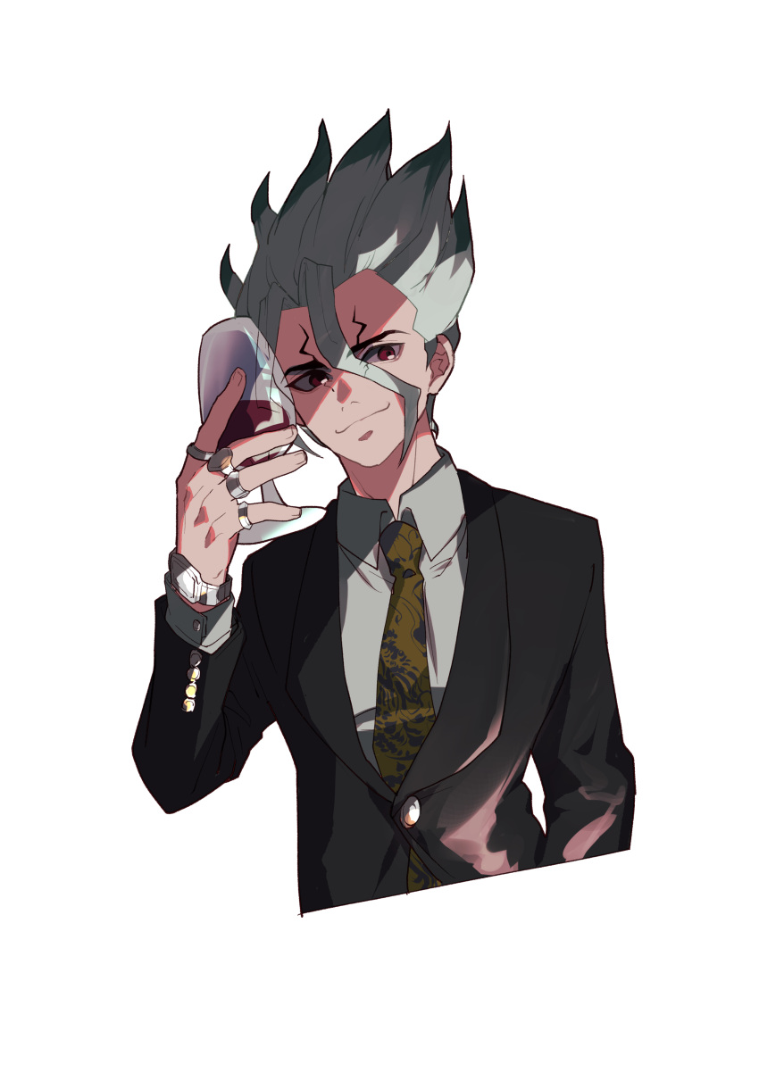 1boy, absurdres, alcohol, black_suit, brown_necktie, cup, dr._stone, drinking_glass