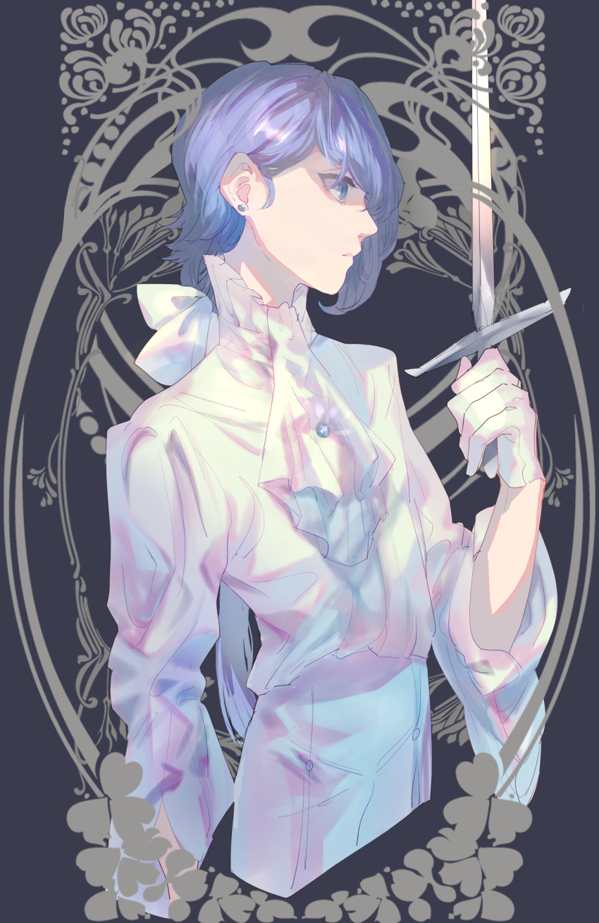 1boy, ascot, blue_eyes, blue_hair, earrings, epel_felmier, grey_background, hair_over_one_eye