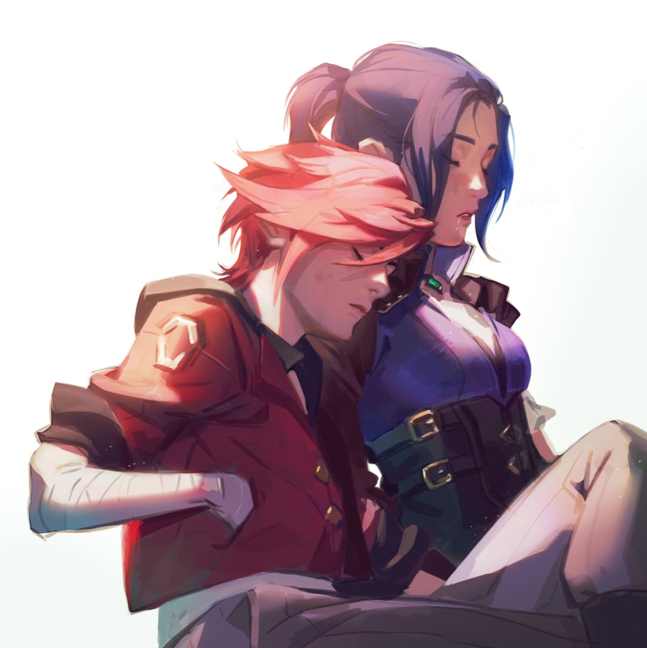 2girls, arcane:_league_of_legends, blue_hair, caitlyn_(league_of_legends), closed_eyes, closed_mouth, crossed_legs, drooling