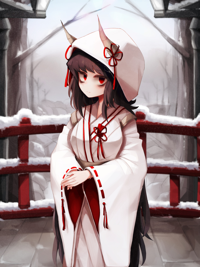 1girl, absurdres, bags_under_eyes, bangs, bare_tree, bracelet, breasts, brown_hair, closed_mouth, commission, eyebrows_visible_through_hair, highres, hood, hood_up, horn_ornament, horn_ribbon, horns, hwaryeok, japanese_clothes, jewelry, kimono, long_hair, looking_at_viewer, medium_breasts, original, outdoors, own_hands_together, red_eyes, red_ribbon, ribbon, ribbon-trimmed_sleeves, ribbon_trim, snow, solo, standing, tree, uchikake, very_long_hair, white_kimono, wide_sleeves, winter