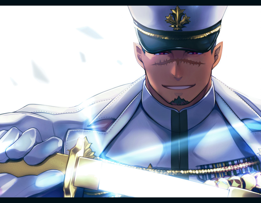 1boy, absurdres, black_hair, collared_shirt, crow_(siranui), evil_smile, facial_hair, forked_eyebrows, gloves, glowing, glowing_weapon, goatee, hat, highres, holding, holding_sword, holding_weapon, jacket, jacket_on_shoulders, katana, kepi, male_focus, military, military_hat, military_uniform, pointy_ears, red_pupils, scar, scar_on_face, scar_on_nose, shirt, sideburns, smile, solo, sword, tokyo_afterschool_summoners, undercut, uniform, upper_body, weapon, white_gloves, yoritomo_(housamo)