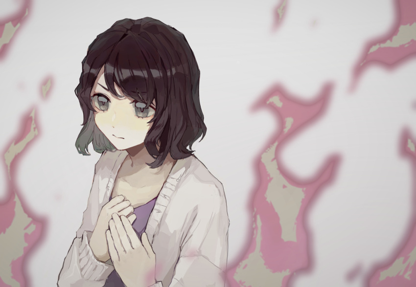 1girl, black_hair, cardigan, chinese_commentary, closed_mouth, fire, grey_eyes, hand_over_heart