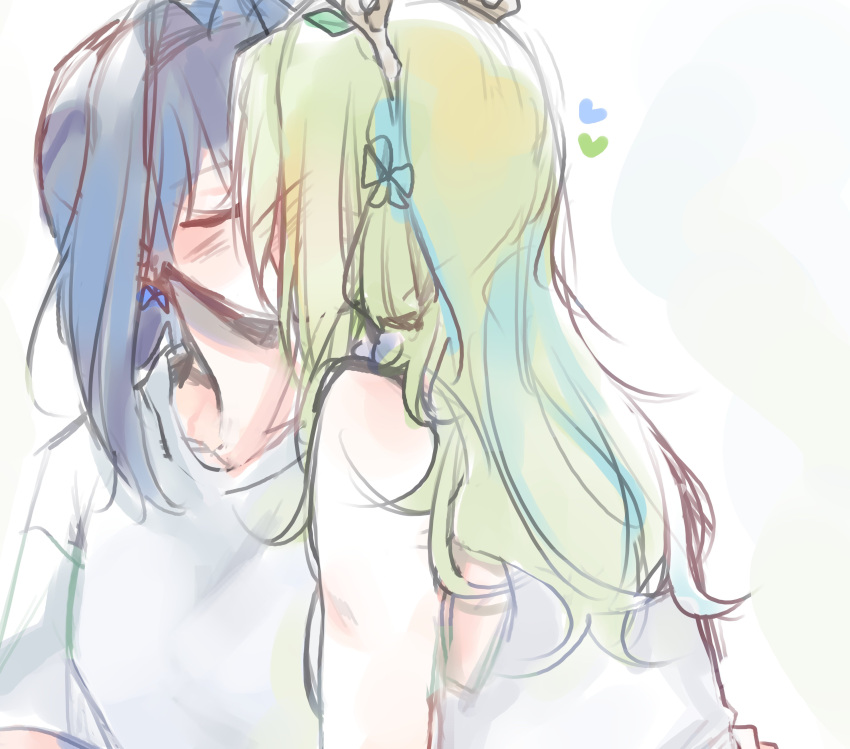 2girls, absurdres, blue_hair, blue_heart, blush, bow, bow_earrings, ceres_fauna