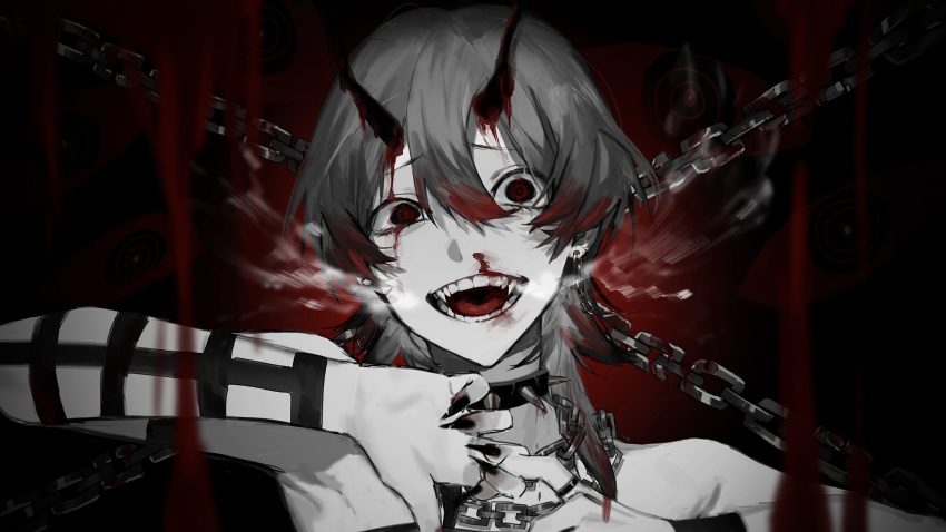 1boy, @_@, armpits, bare_shoulders, blood, blood_from_eyes, blood_in_hair, blood_on_face