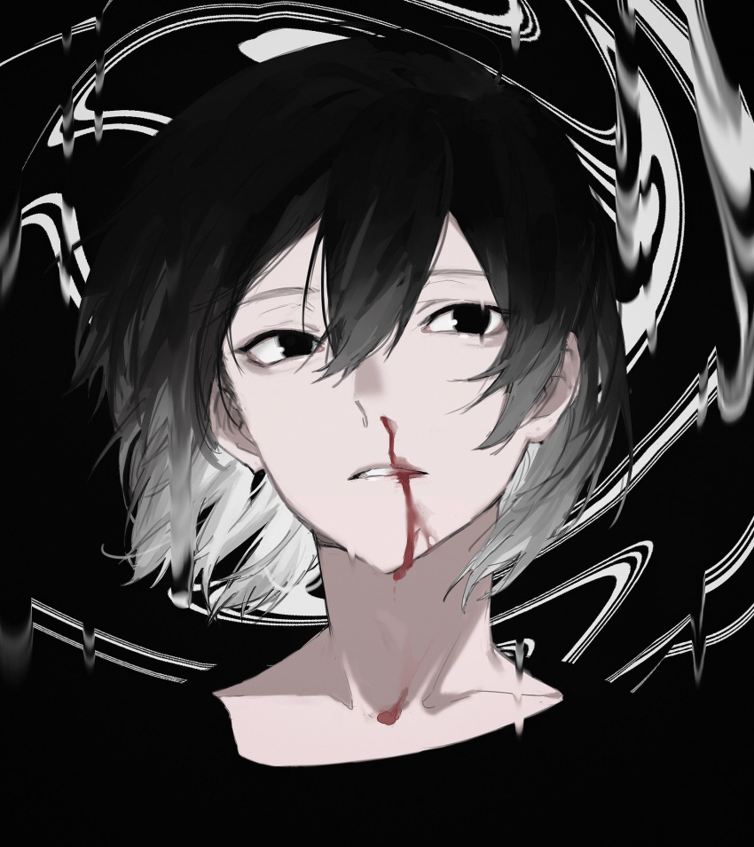 1boy, abstract_background, black_eyes, black_hair, blood, blood_on_face, blood_on_teeth, collarbone, dripping, face, hair_between_eyes, highres, ktym_777, male_focus, multicolored_hair, nosebleed, original, parted_lips, solo, teeth, upper_body, white_hair