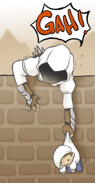 2boys, altair_ibn_la-ahad, assassin's_creed, baby, bracer, catch, child, desmond_miles